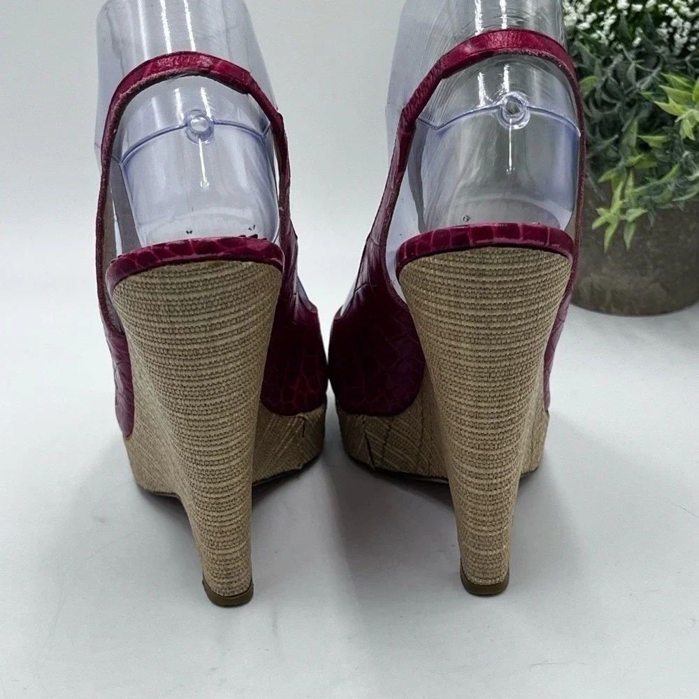 Oscar‎ De LA Renta Womens Red Print Leather Peep-Toe Slingback Wedge 39.5/US 8.5
